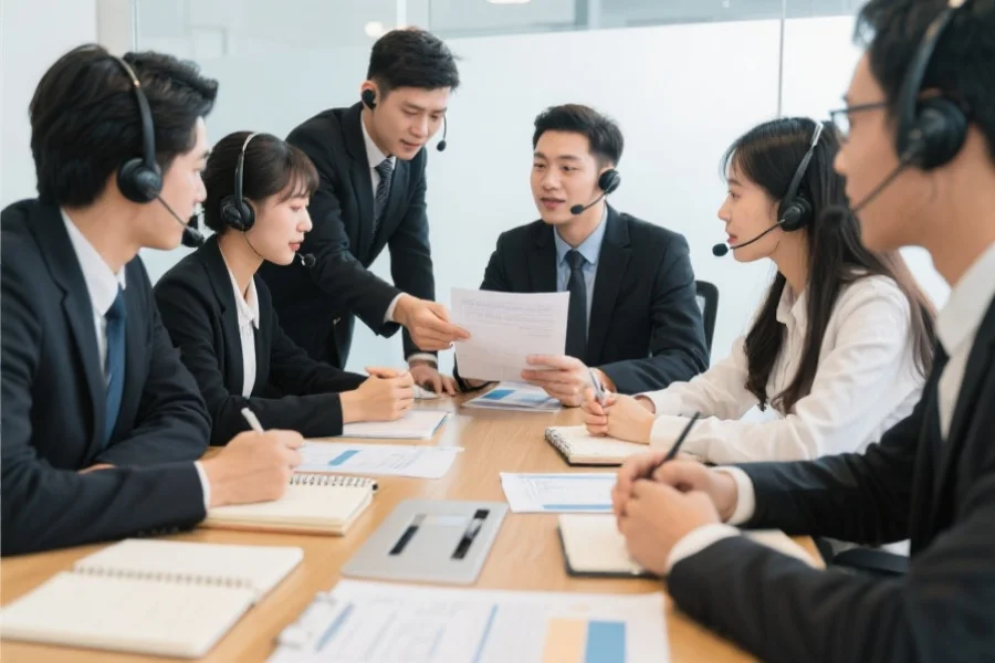 一组客服团队成员正在协作讨论客户案例，桌面上摆放着笔记本和文件，展现专业与合作氛围