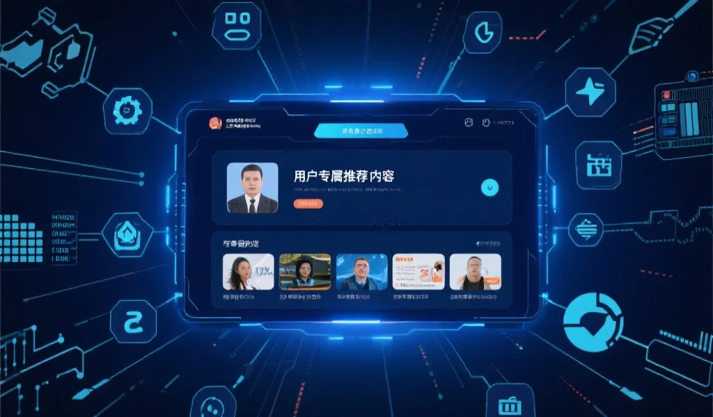 一个充满科技感的界面，中央显示用户专属推荐内容，四周环绕着数据流和算法图标